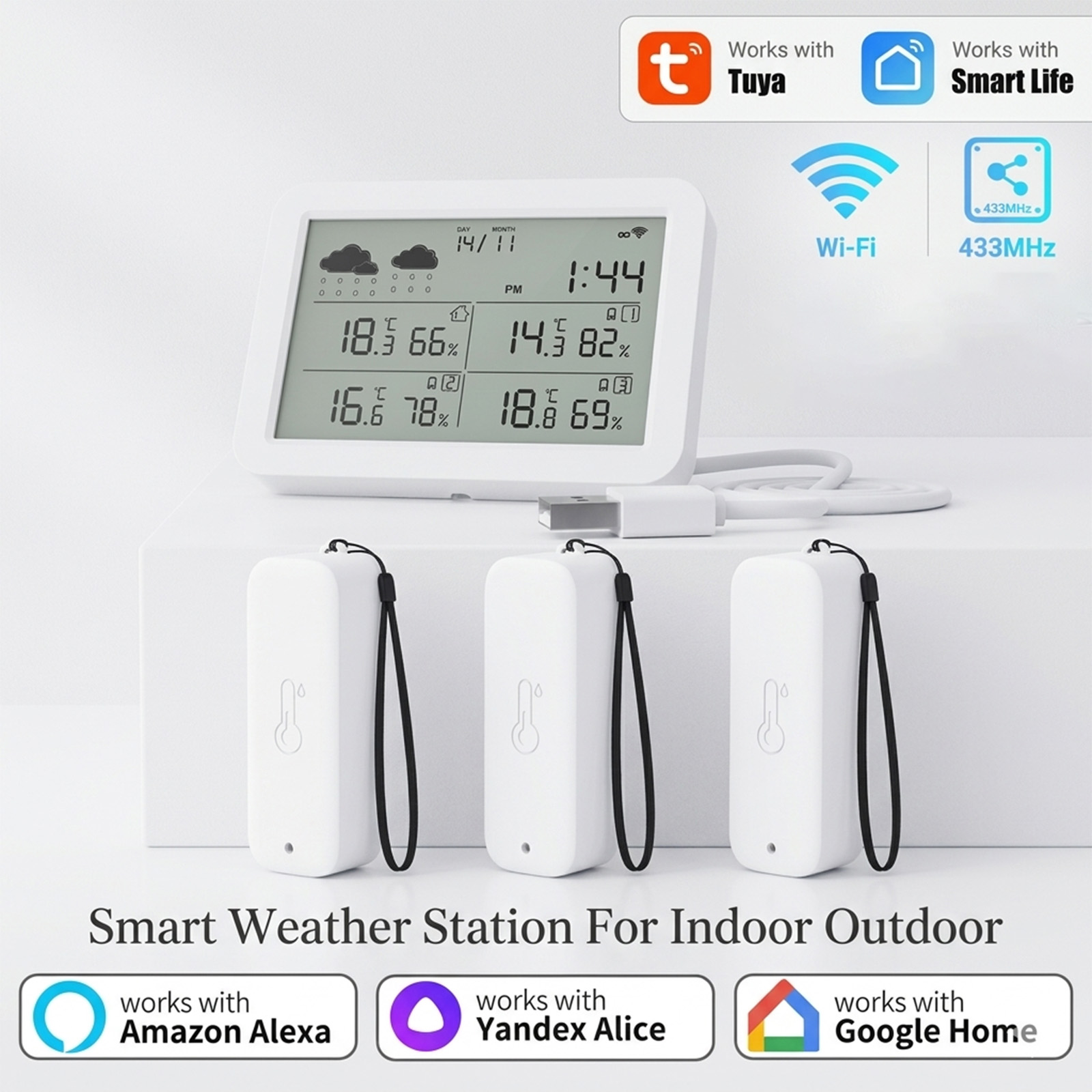 Weather Station Indoor - Tuya WiFi+RF433 ウェザーステーション、スマートホーム屋内屋外用、温度湿度センサー（時計付き）、IP65防水